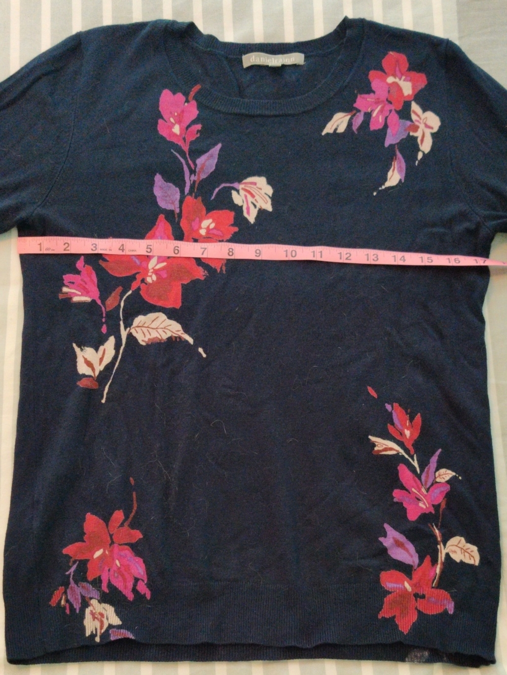 Daniel Rainn Navy Crewneck Sweater with Pink, Red & Purple Floral Accents